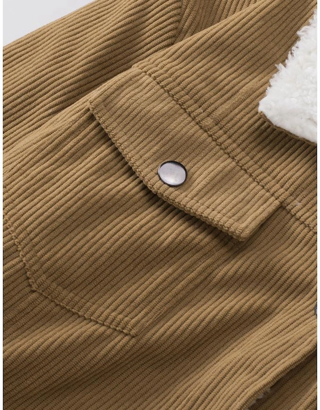 Khaki Corduroy Sherpa Snap Button Flap Jacket, 16 of 15