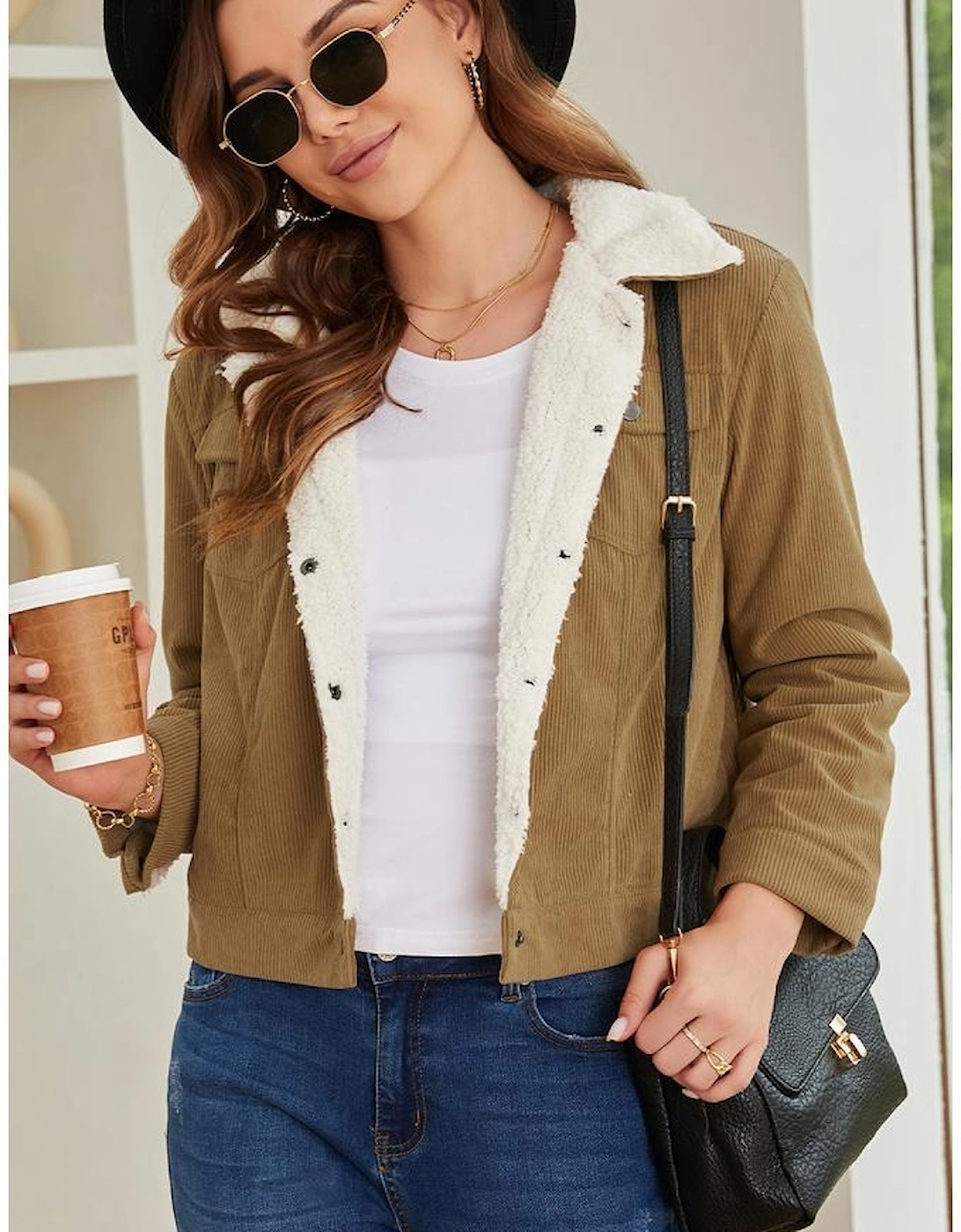 Khaki Corduroy Sherpa Snap Button Flap Jacket
