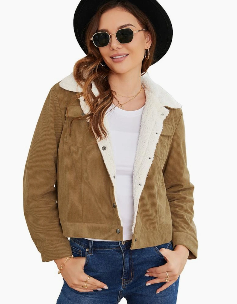 Khaki Corduroy Sherpa Snap Button Flap Jacket