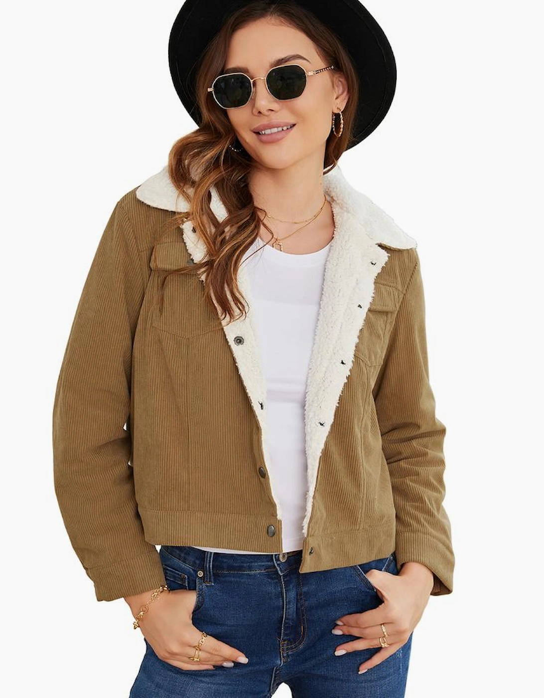 Khaki Corduroy Sherpa Snap Button Flap Jacket