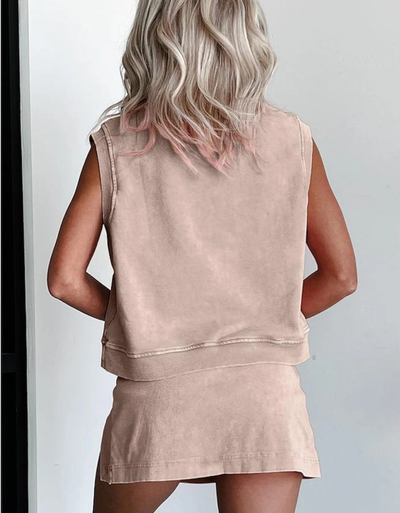 Smoke Gray 2 Pieces Mineral Wash Cotton Tank Top Lined Split Skirt Set