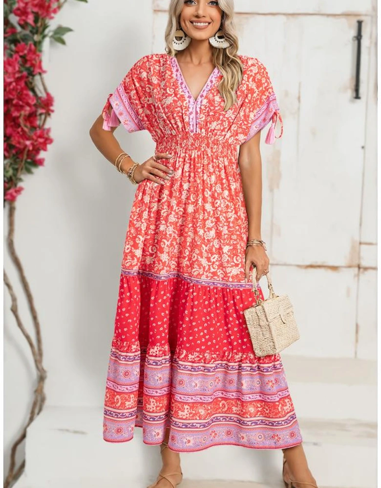 Red Floral Print Tasseled Tied Sleeve Empire Waist Maxi Dress