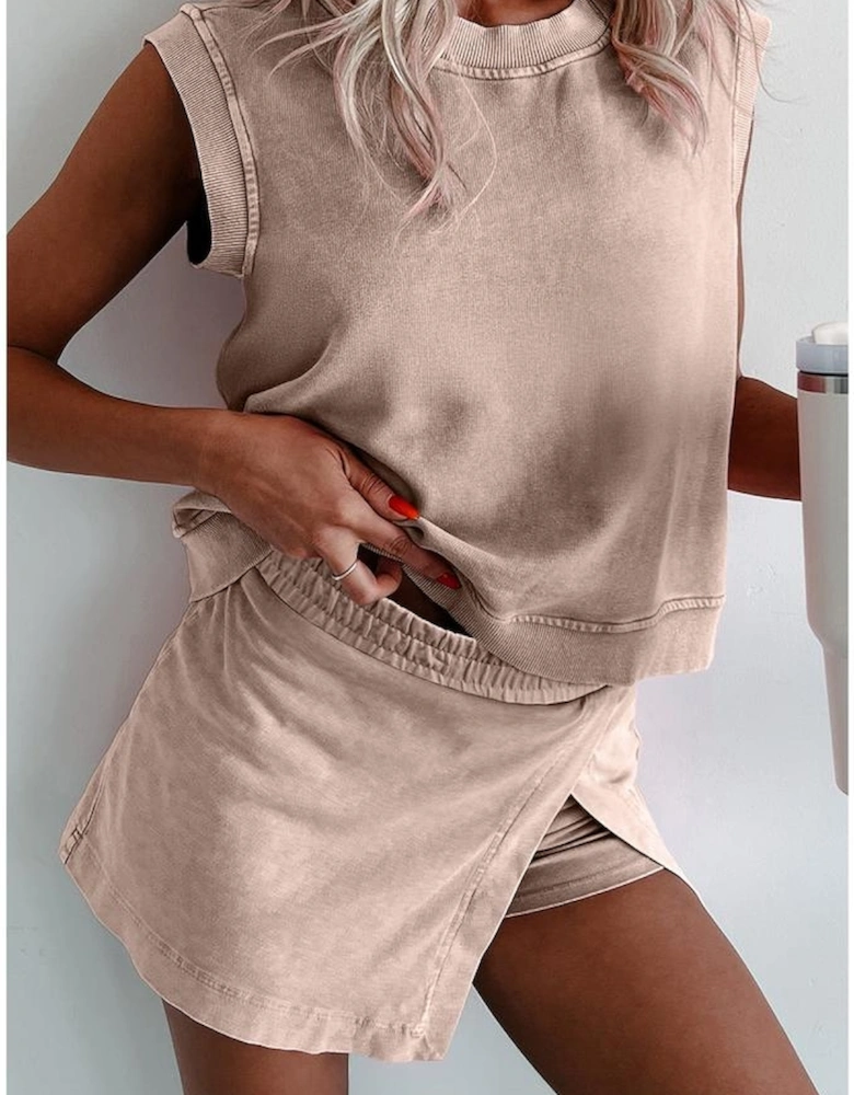 Smoke Gray 2 Pieces Mineral Wash Cotton Tank Top Lined Split Skirt Set