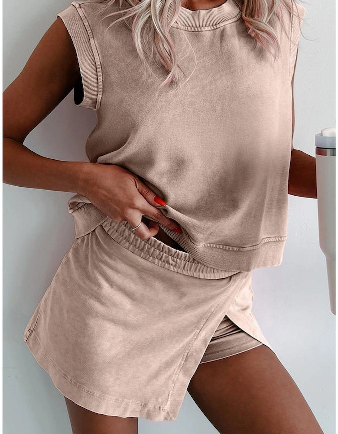 Smoke Gray 2 Pieces Mineral Wash Cotton Tank Top Lined Split Skirt Set