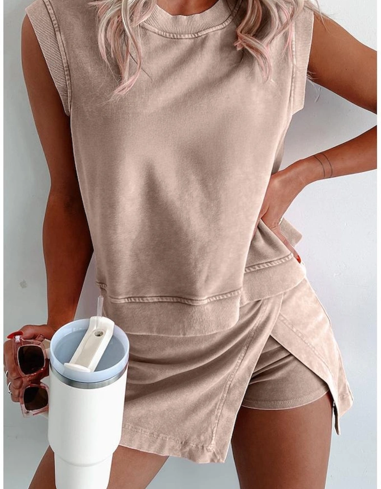 Smoke Gray 2 Pieces Mineral Wash Cotton Tank Top Lined Split Skirt Set