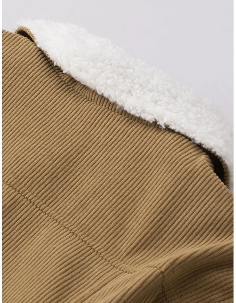 Khaki Corduroy Sherpa Snap Button Flap Jacket
