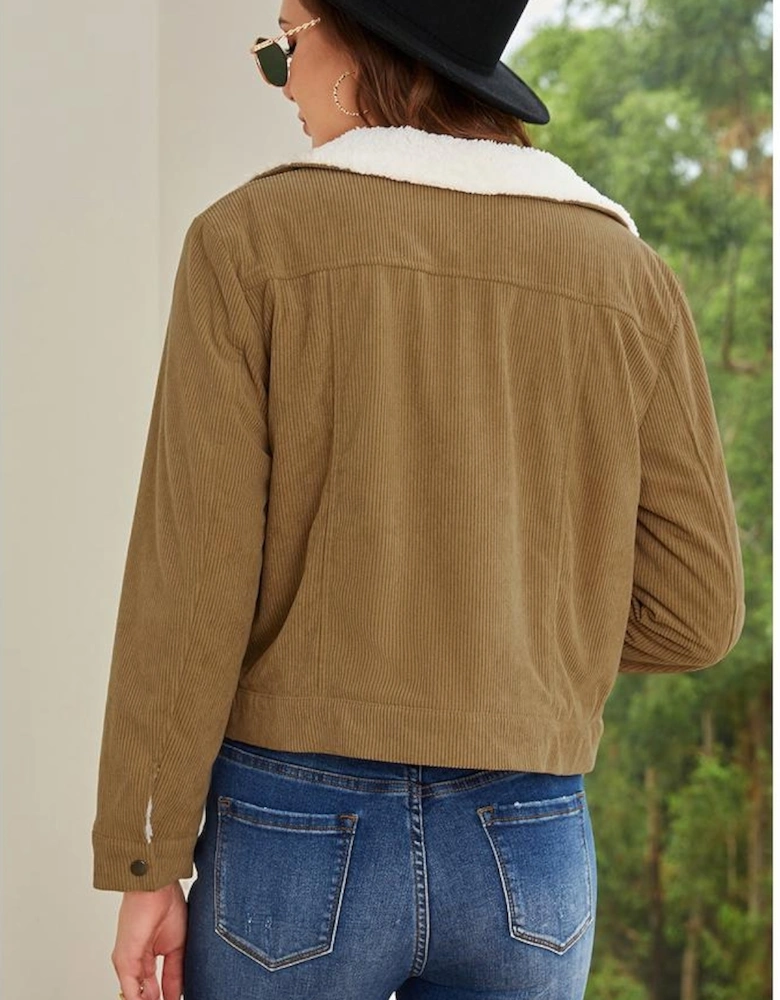 Khaki Corduroy Sherpa Snap Button Flap Jacket