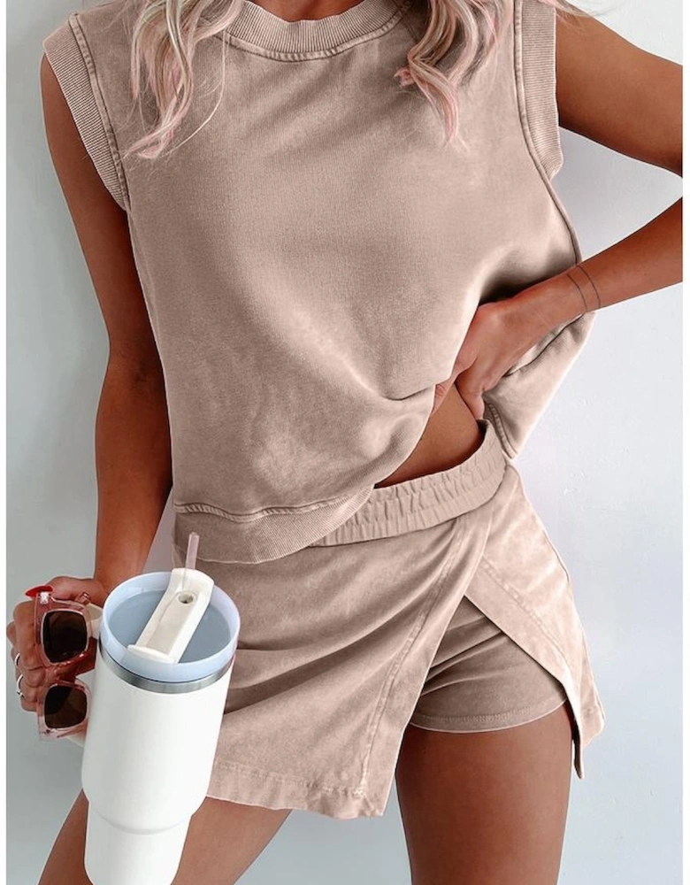 Smoke Gray 2 Pieces Mineral Wash Cotton Tank Top Lined Split Skirt Set