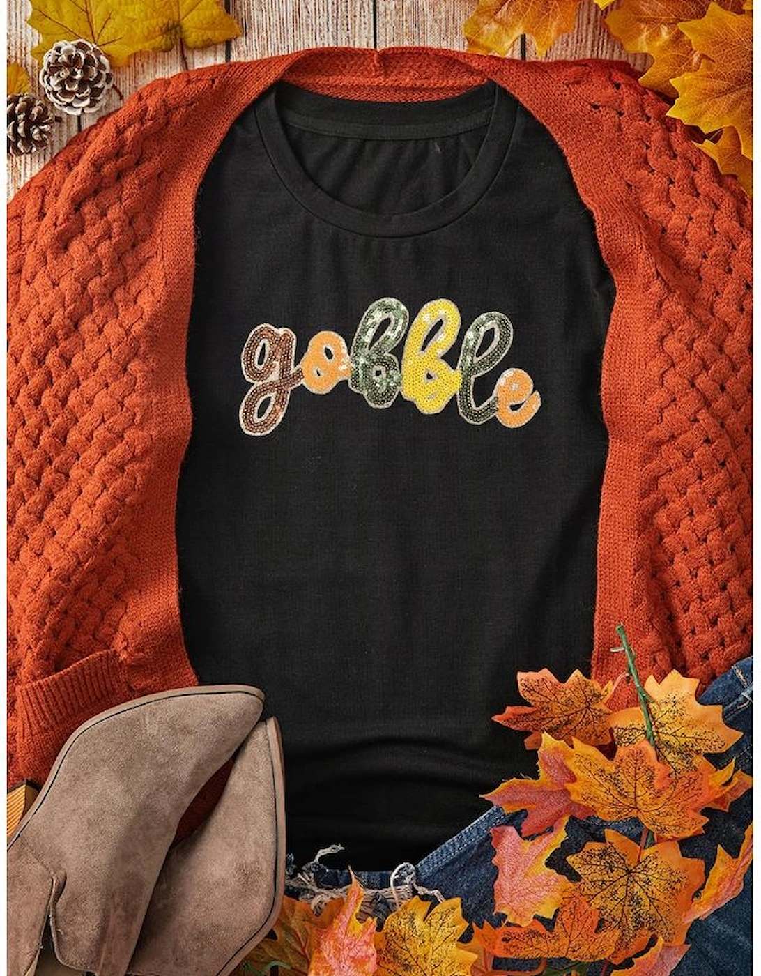 Black gobble Sequin Letter Graphic Thanksgiving T Shirt