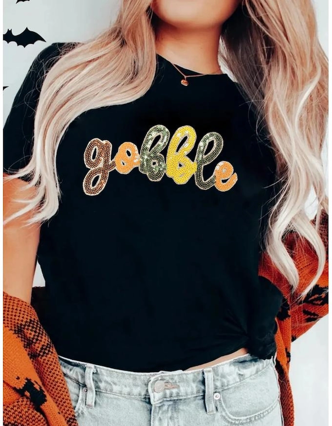 Black gobble Sequin Letter Graphic Thanksgiving T Shirt