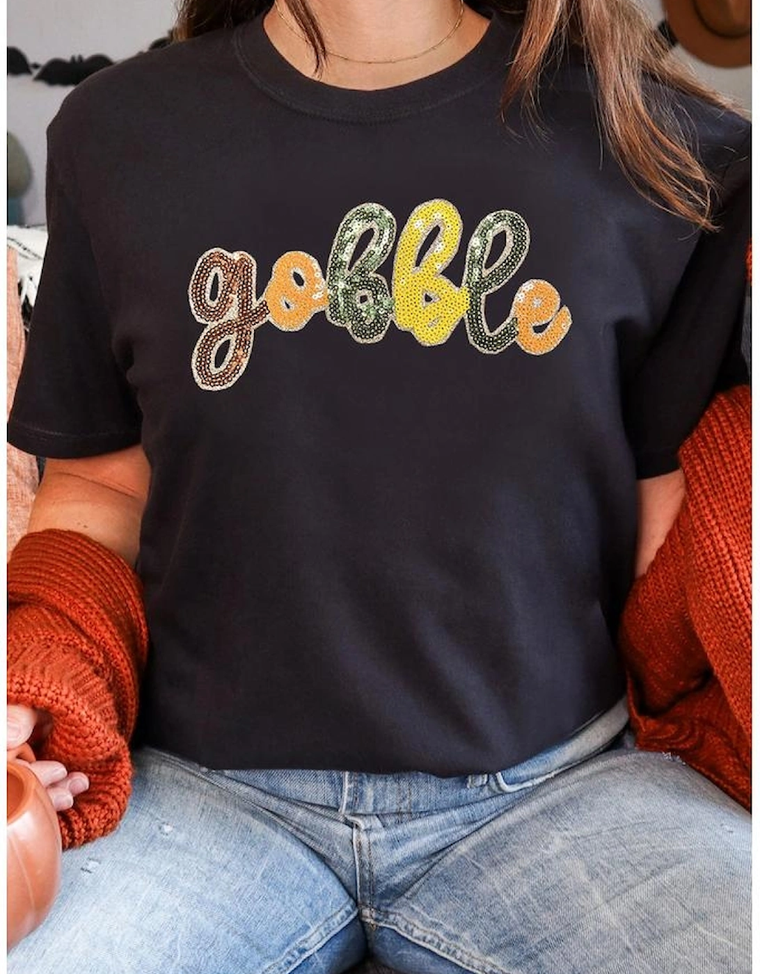Black gobble Sequin Letter Graphic Thanksgiving T Shirt