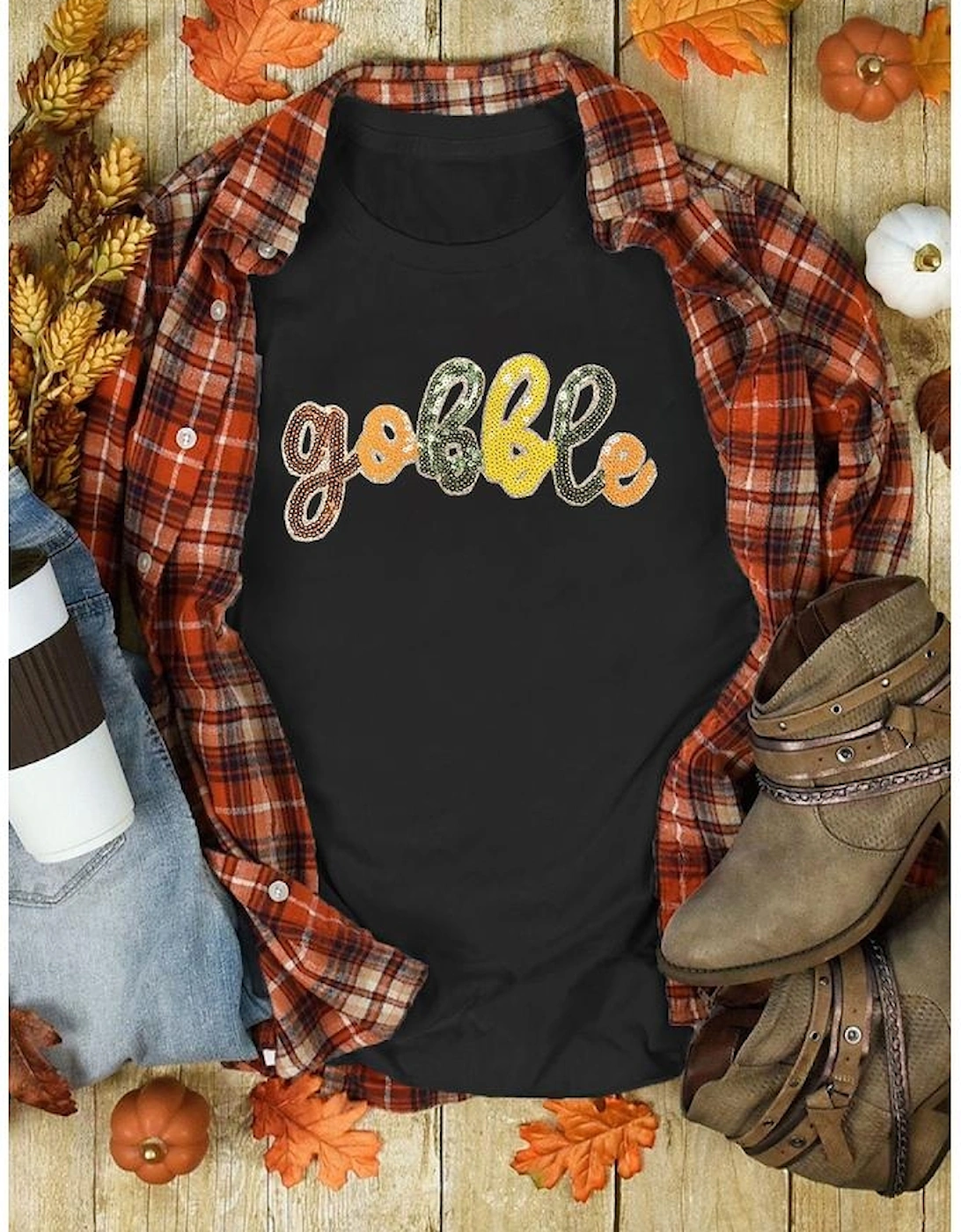 Black gobble Sequin Letter Graphic Thanksgiving T Shirt