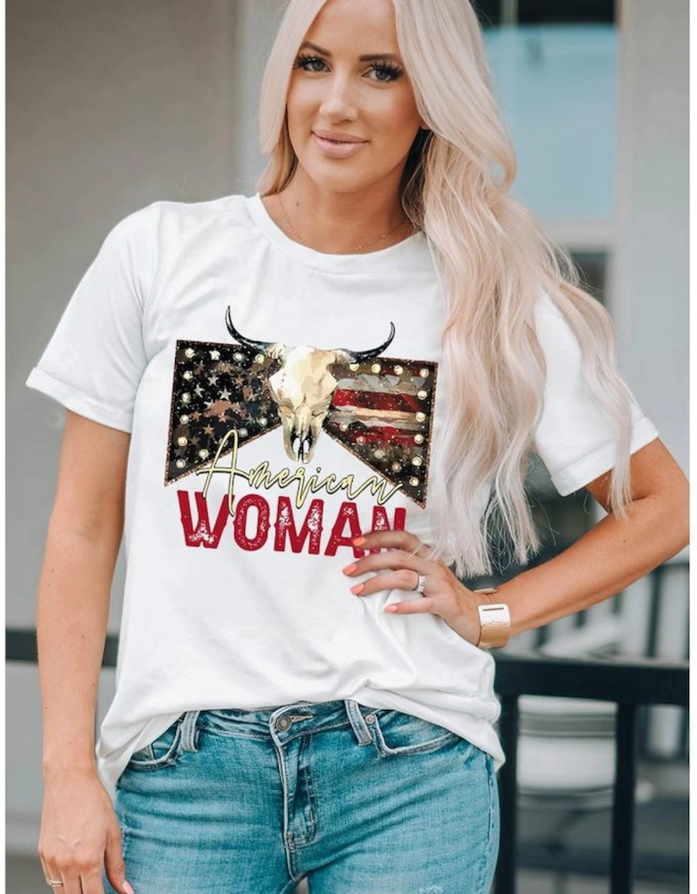 White American Woman Bull Skull Graphic T Shirt