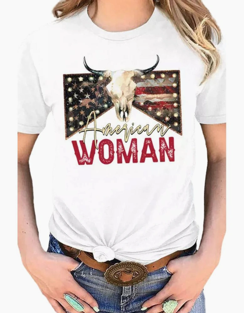 White American Woman Bull Skull Graphic T Shirt