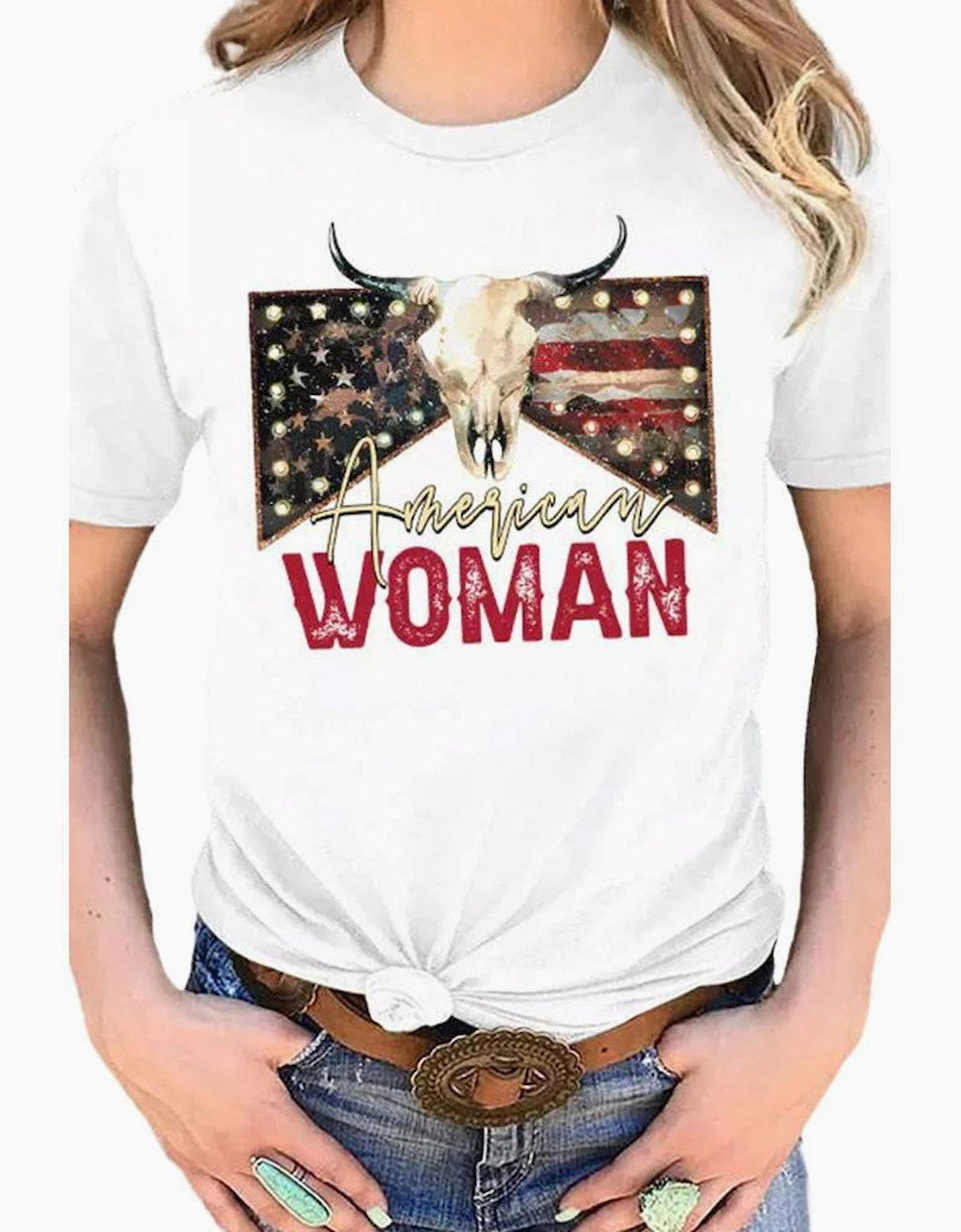 White American Woman Bull Skull Graphic T Shirt