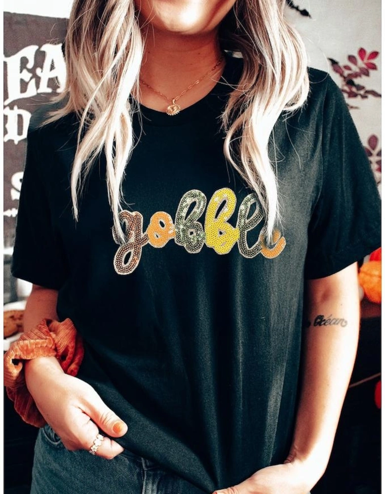 Black gobble Sequin Letter Graphic Thanksgiving T Shirt