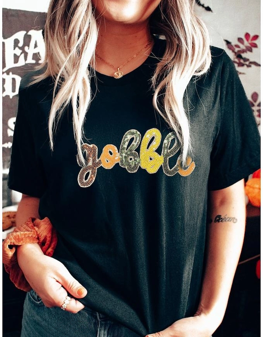 Black gobble Sequin Letter Graphic Thanksgiving T Shirt, 7 of 6