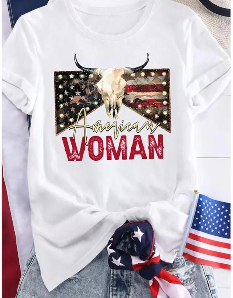 White American Woman Bull Skull Graphic T Shirt