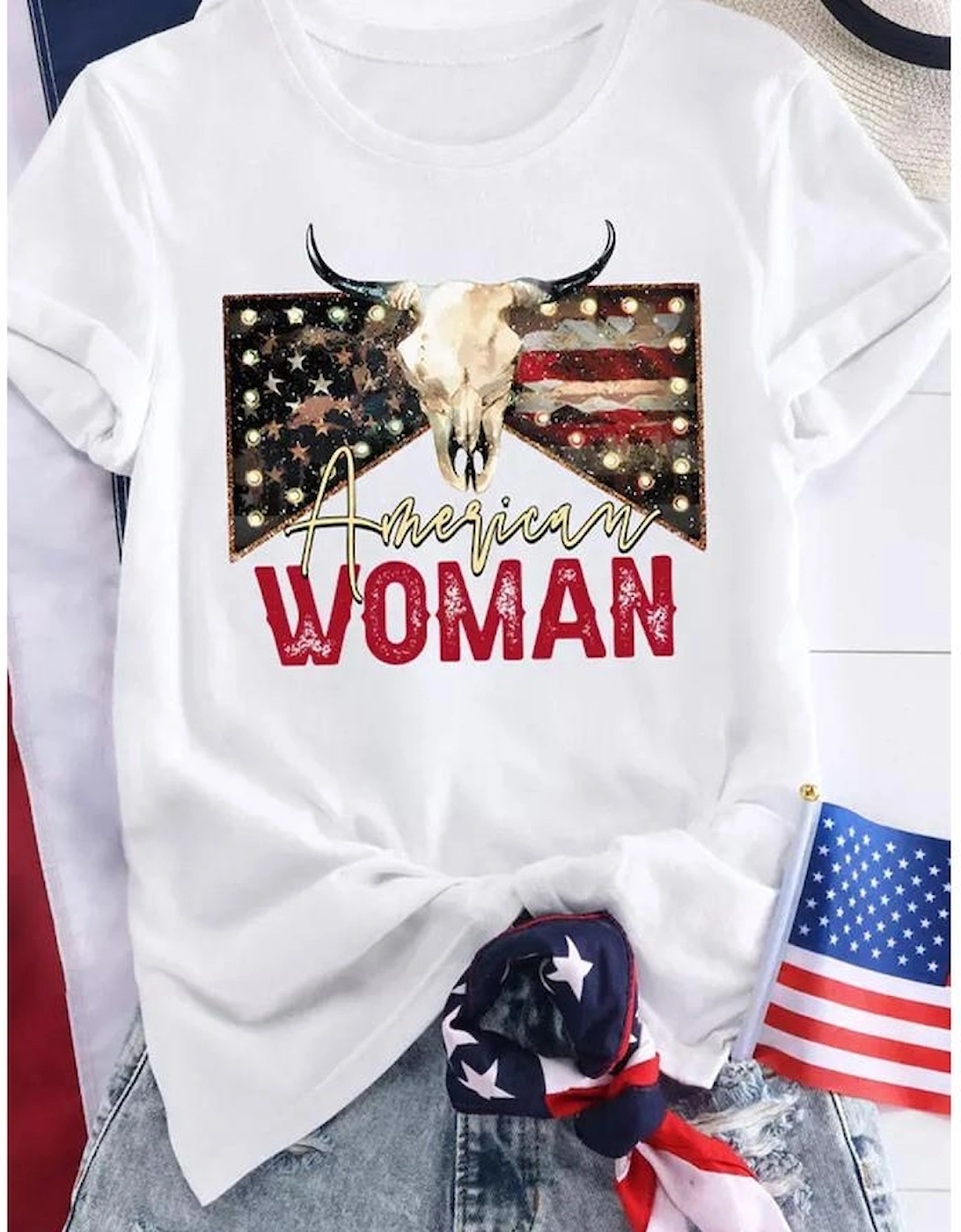 White American Woman Bull Skull Graphic T Shirt, 9 of 8