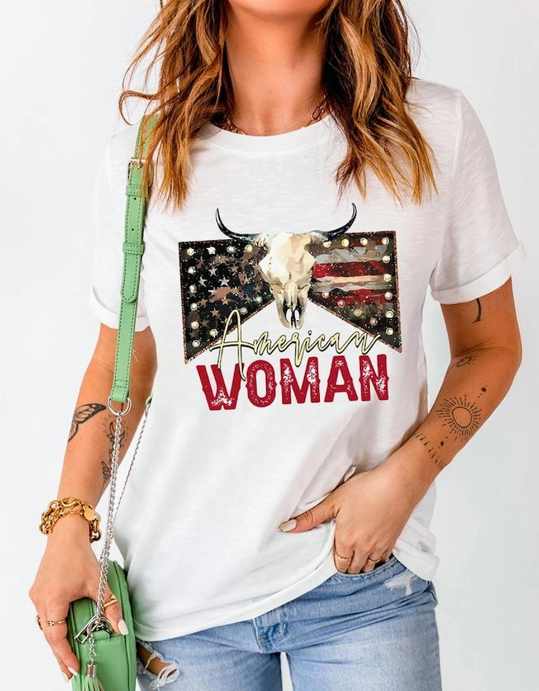 White American Woman Bull Skull Graphic T Shirt