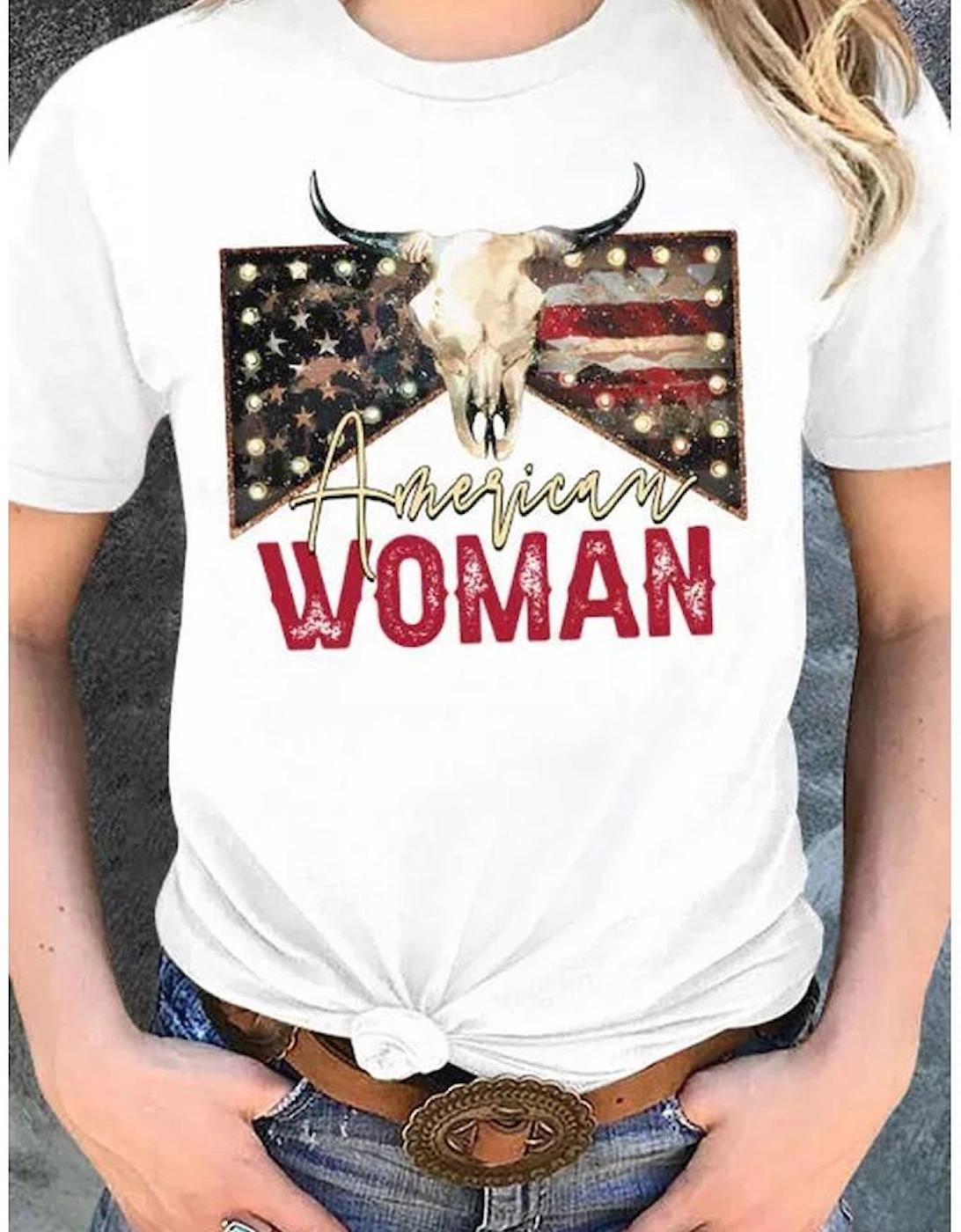 White American Woman Bull Skull Graphic T Shirt