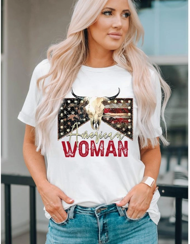 White American Woman Bull Skull Graphic T Shirt