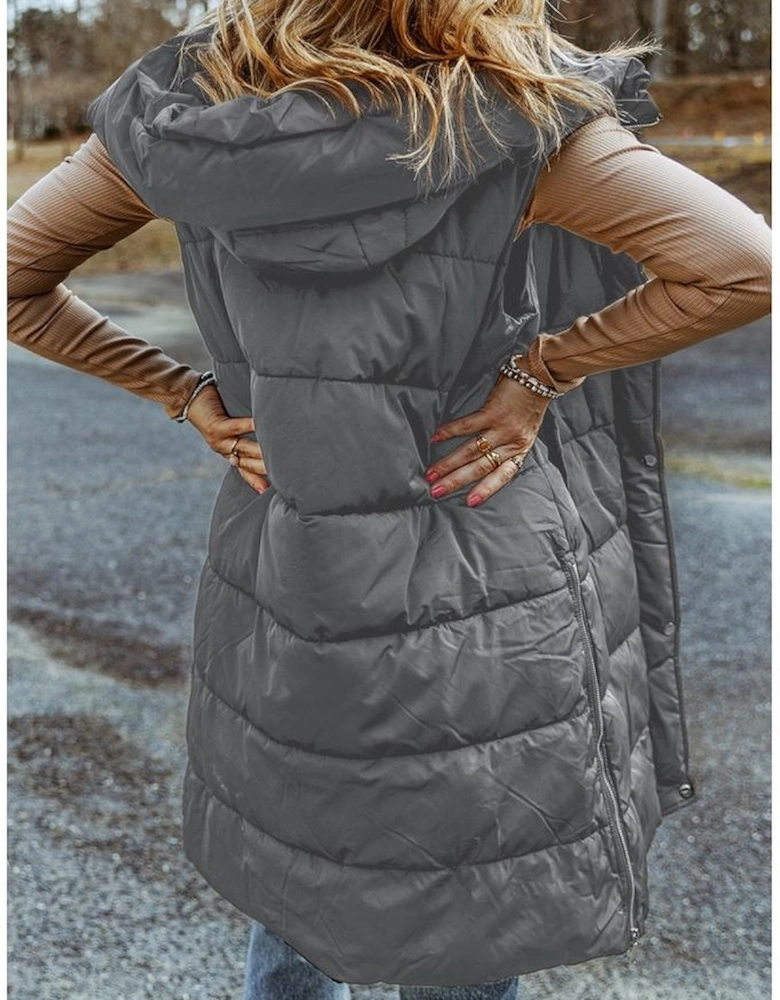 Dark Grey Hooded Long Quilted Vest Coat