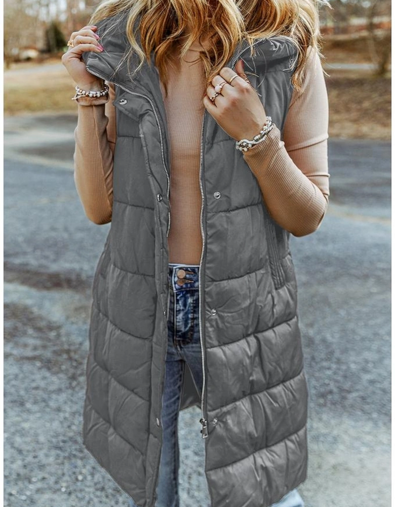 Dark Grey Hooded Long Quilted Vest Coat