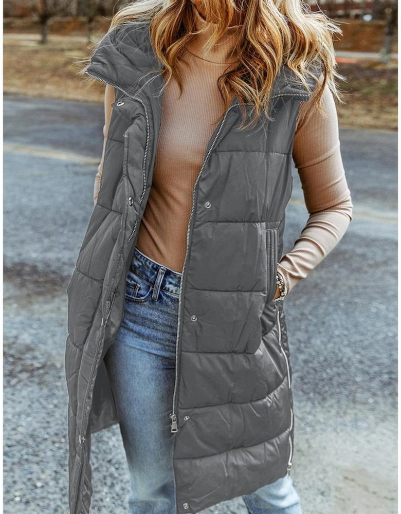 Dark Grey Hooded Long Quilted Vest Coat