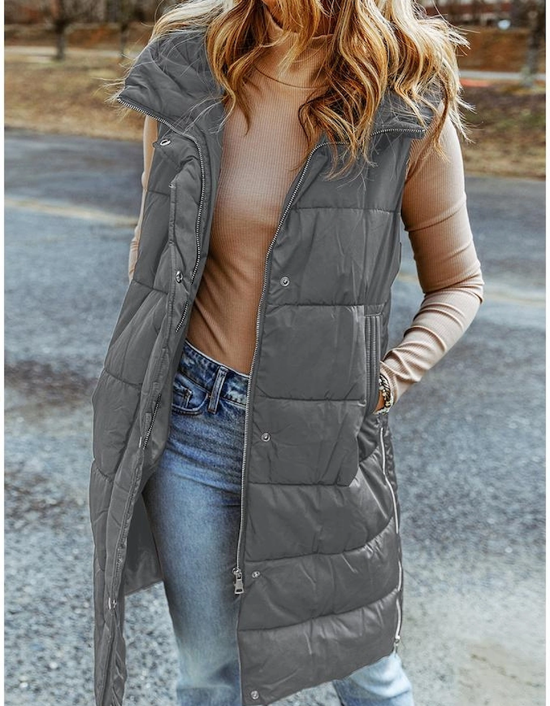 Dark Grey Hooded Long Quilted Vest Coat