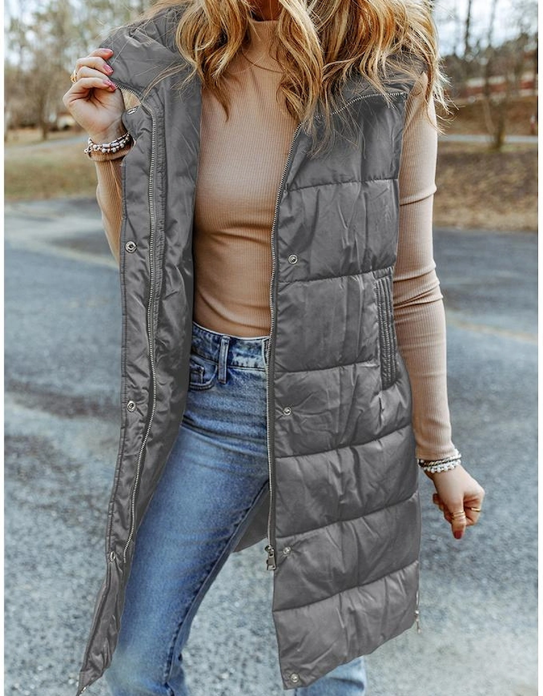 Dark Grey Hooded Long Quilted Vest Coat