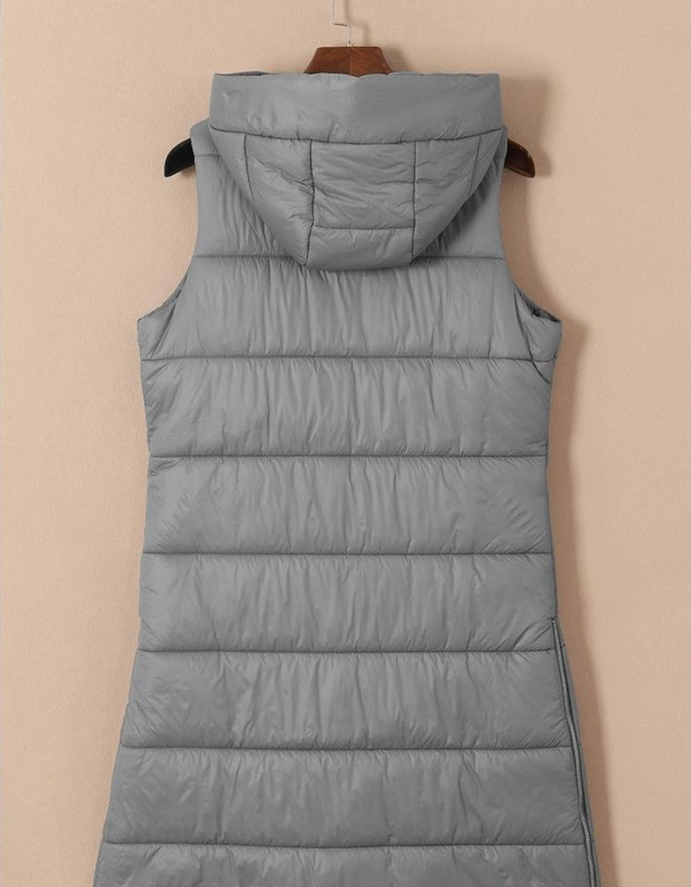 Dark Grey Hooded Long Quilted Vest Coat