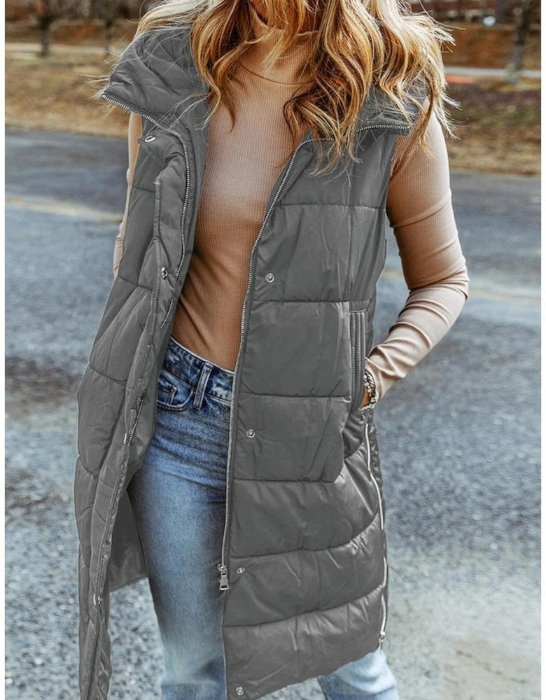 Dark Grey Hooded Long Quilted Vest Coat