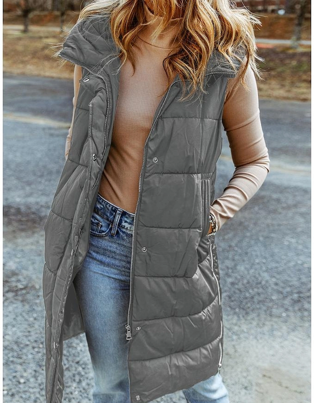 Dark Grey Hooded Long Quilted Vest Coat