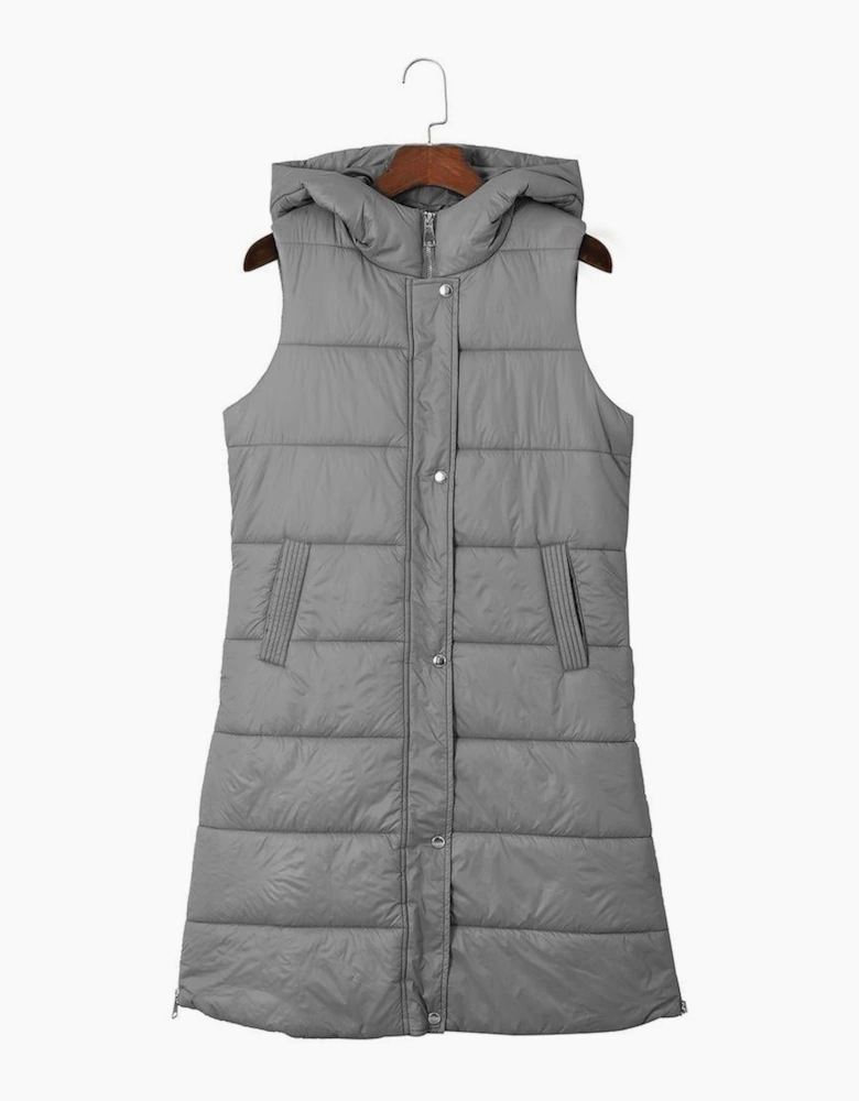 Dark Grey Hooded Long Quilted Vest Coat