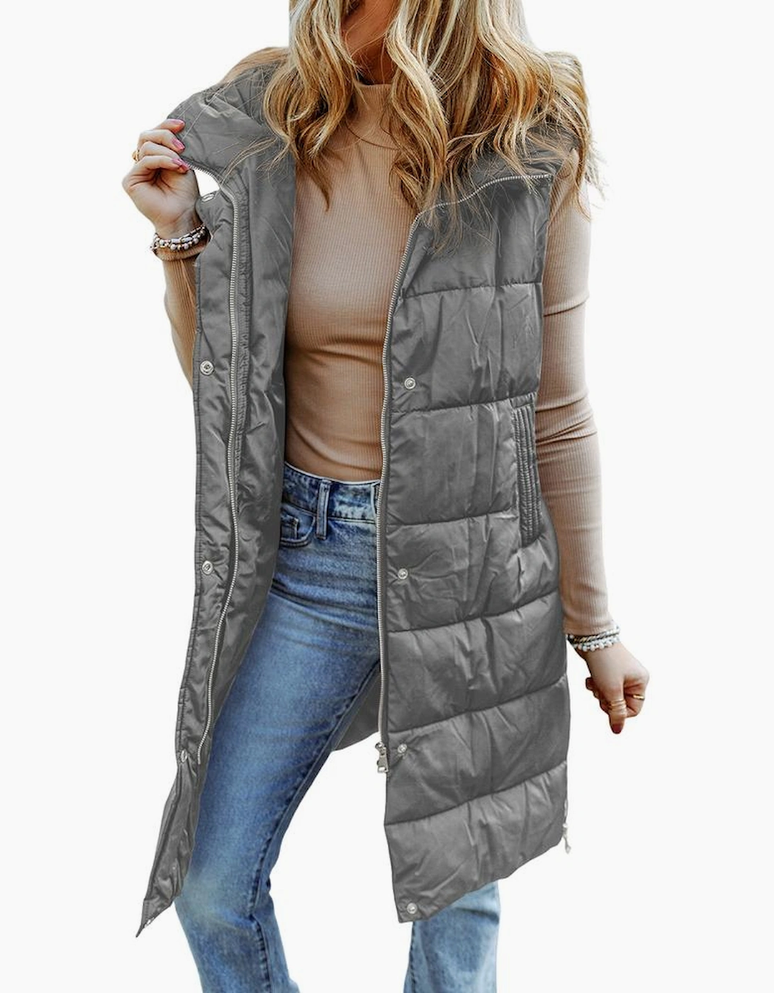 Dark Grey Hooded Long Quilted Vest Coat