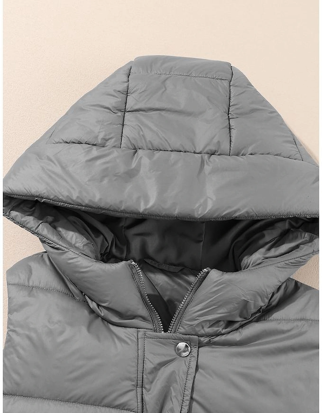 Dark Grey Hooded Long Quilted Vest Coat