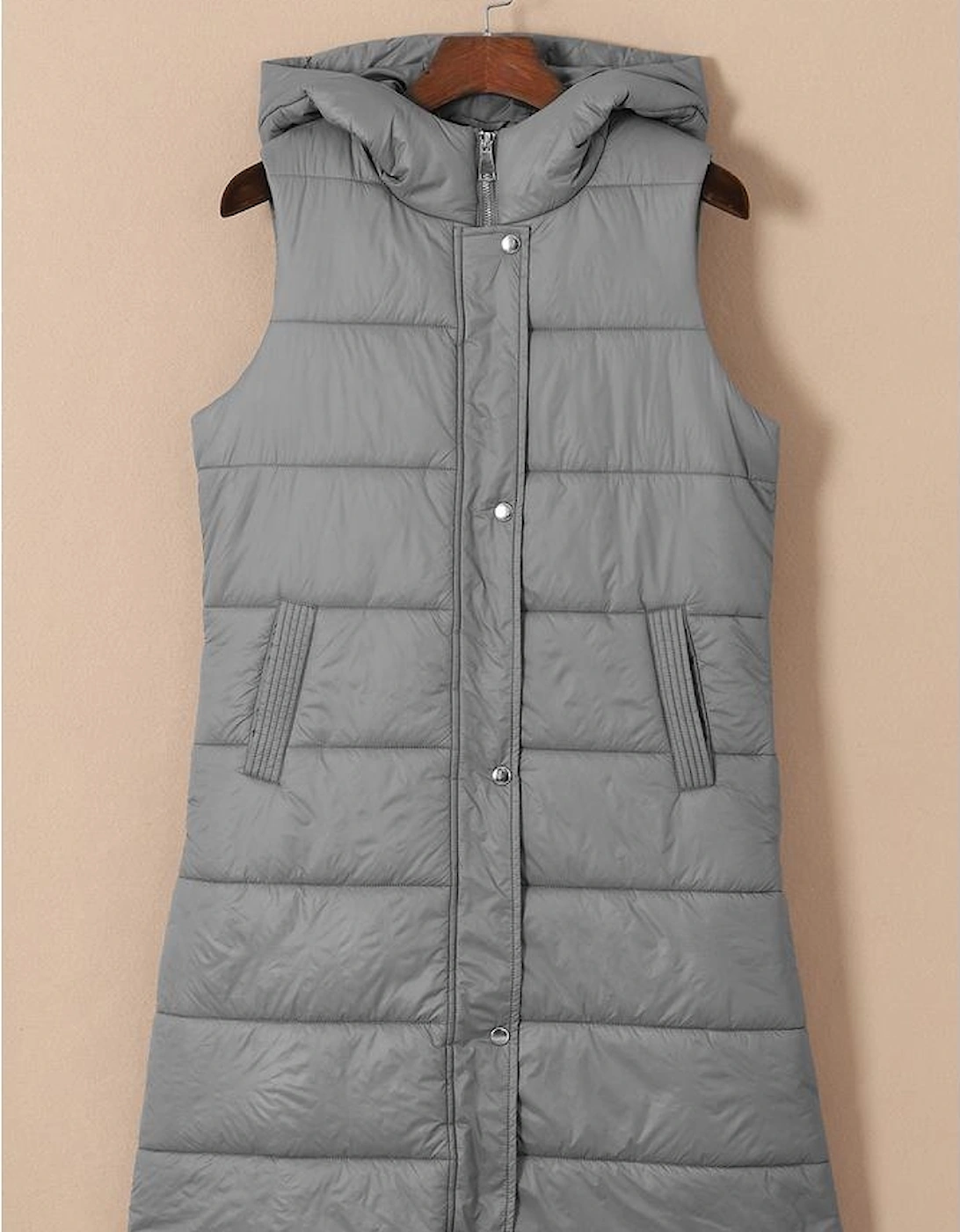 Dark Grey Hooded Long Quilted Vest Coat