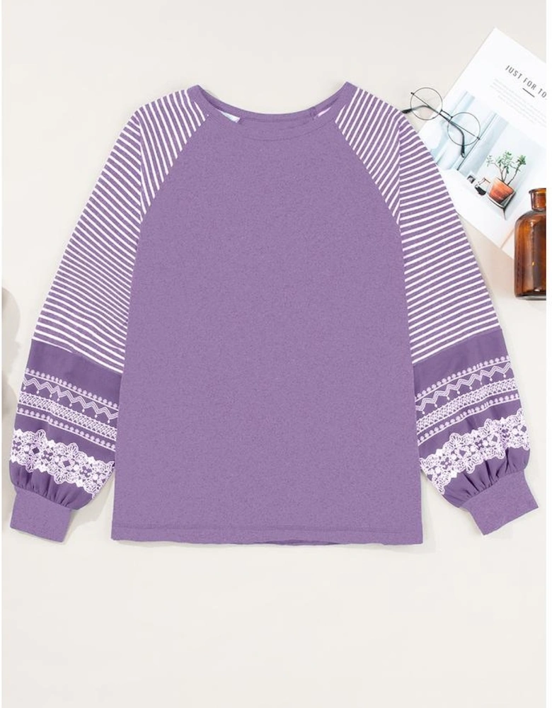 Tillandsia Purple Contrast Print Striped Raglan Long Sleeve Loose Top