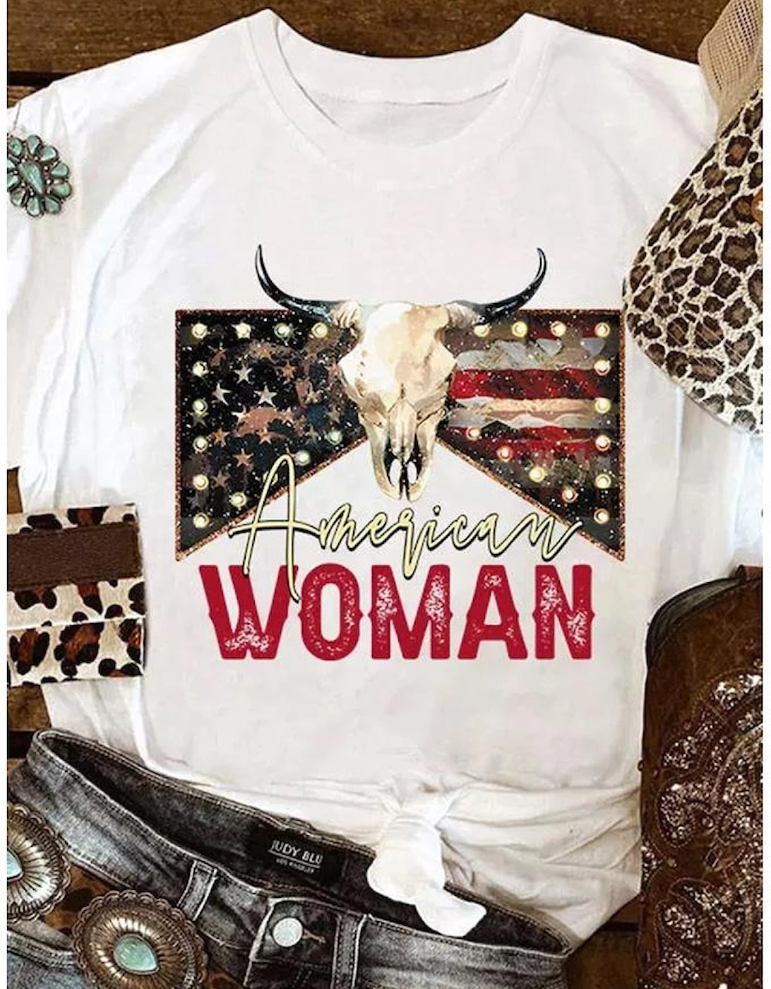 White American Woman Bull Skull Graphic T Shirt
