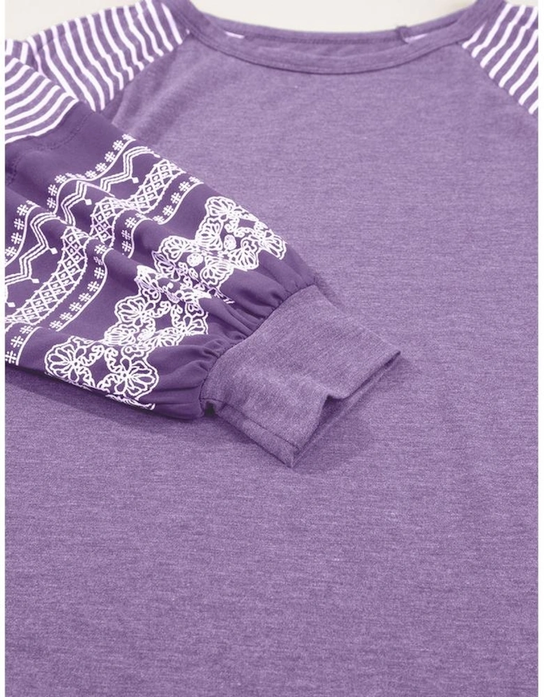 Tillandsia Purple Contrast Print Striped Raglan Long Sleeve Loose Top