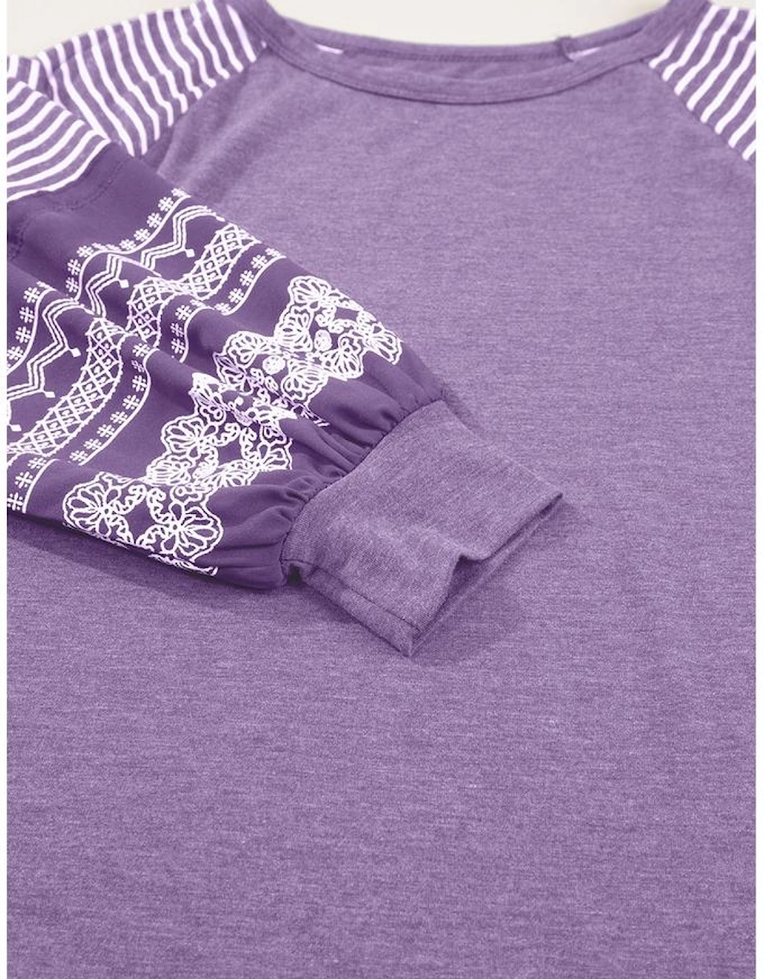 Tillandsia Purple Contrast Print Striped Raglan Long Sleeve Loose Top