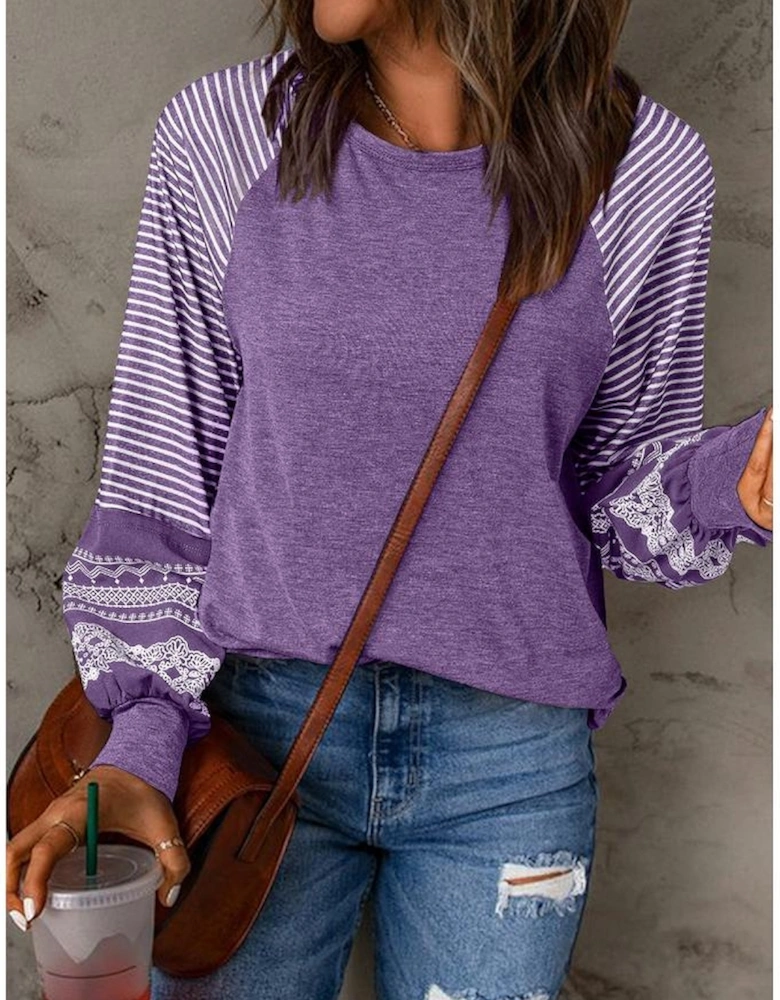 Tillandsia Purple Contrast Print Striped Raglan Long Sleeve Loose Top