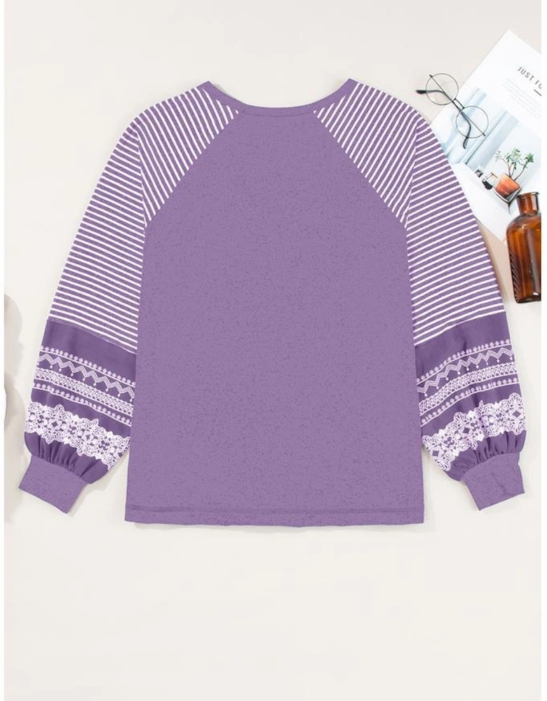 Tillandsia Purple Contrast Print Striped Raglan Long Sleeve Loose Top