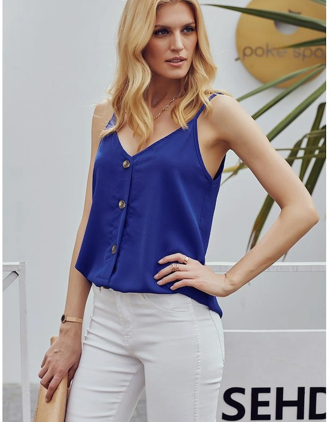 Blue Spaghetti Strap Buttoned Tank Top