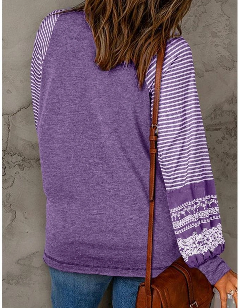 Tillandsia Purple Contrast Print Striped Raglan Long Sleeve Loose Top