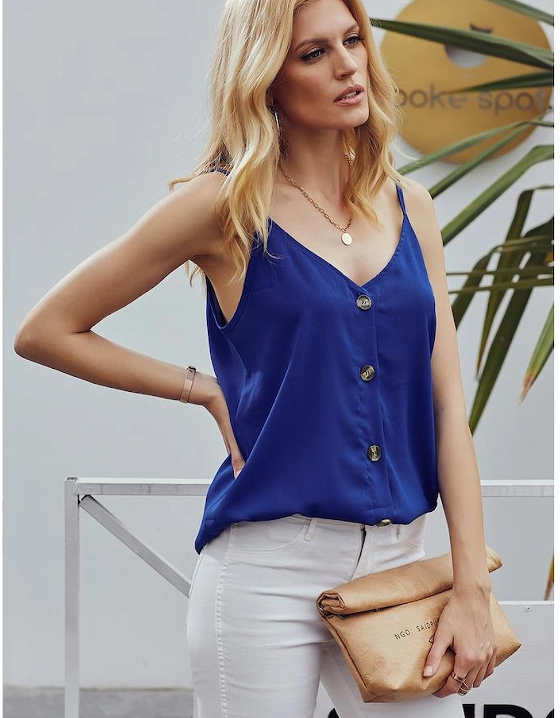 Blue Spaghetti Strap Buttoned Tank Top