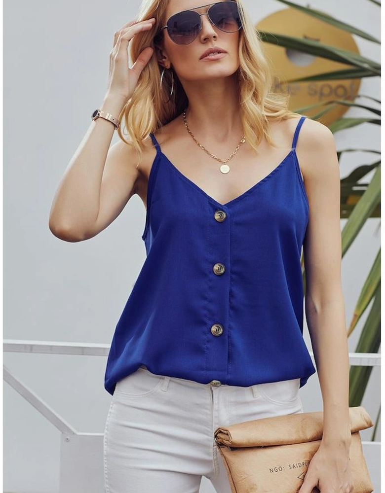 Blue Spaghetti Strap Buttoned Tank Top