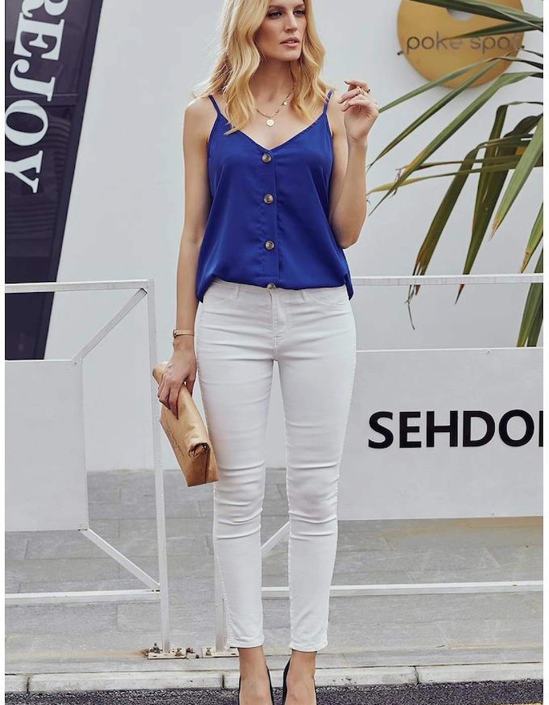 Blue Spaghetti Strap Buttoned Tank Top