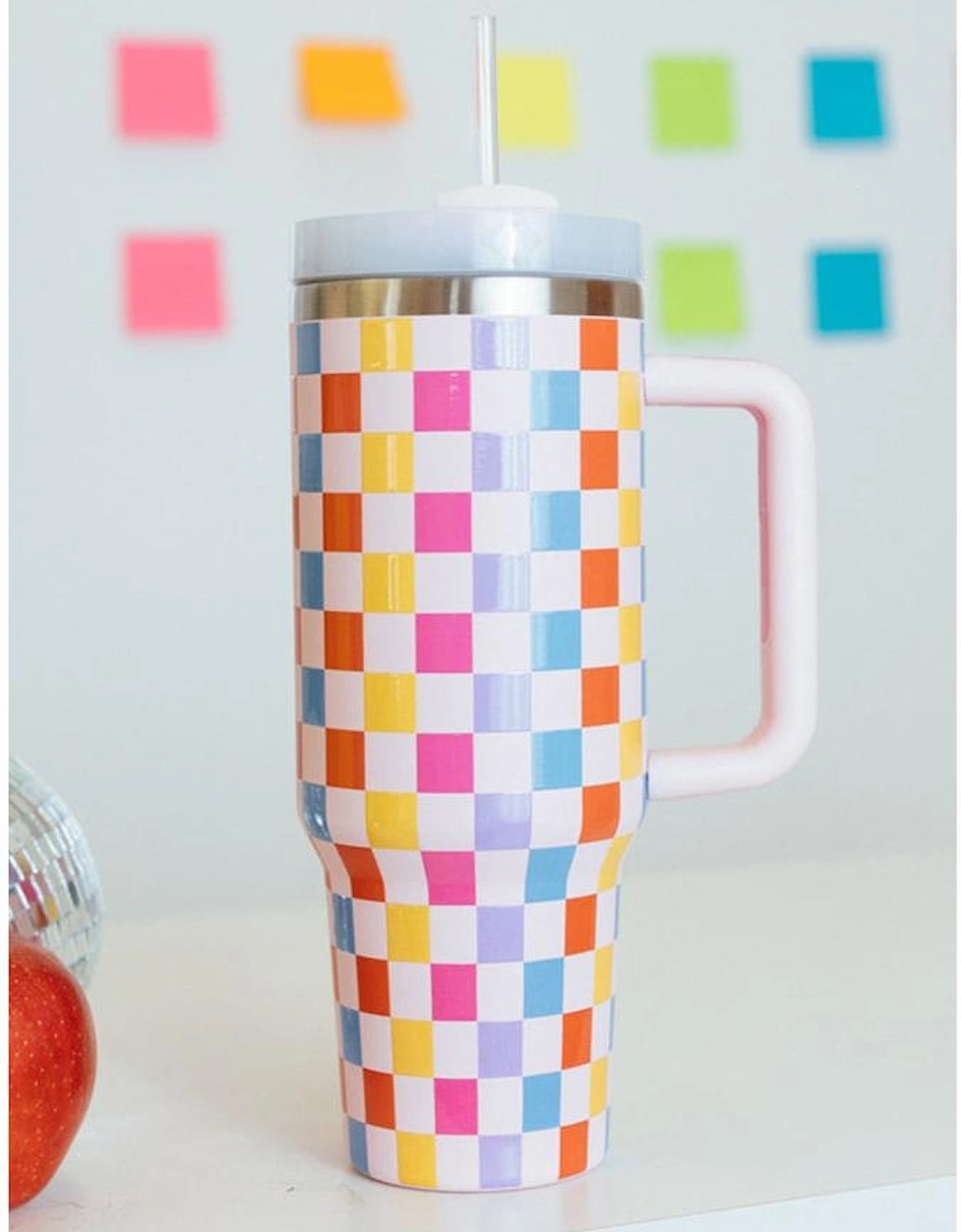 Red Colorful Checkered Print Handle Vacuum Cup 40oz, 4 of 3